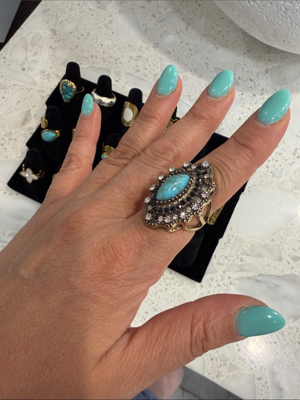NWT VINTAGE Turquoise Statement Cocktail Ring - Blue Gem Accent